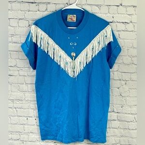 Vintage Hazelwood Exclusive Southwestern Turquoise Fringe Top 80s Women's L